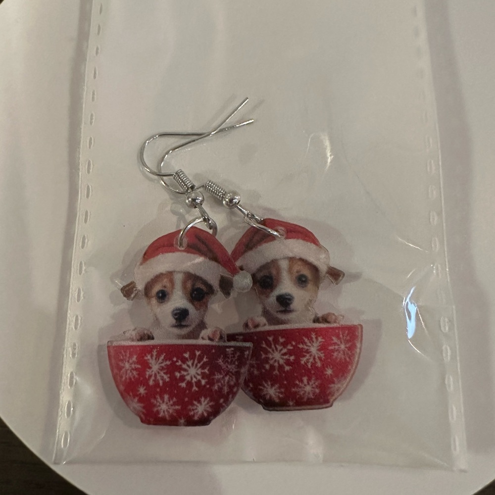 Festive Dog in Santa Hat in a Cup Earrings NIP - Picture 7 of 8